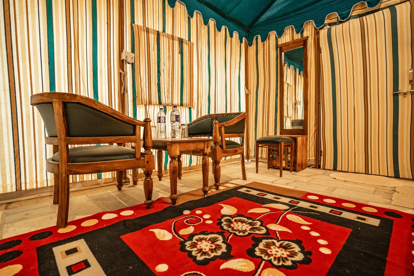 Sitting area inside a tent